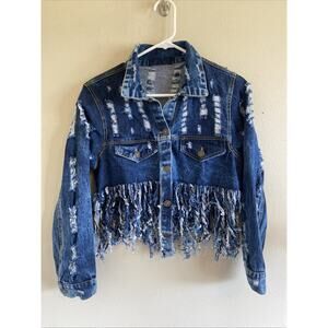 Thrill Jeans Distressed Trashed Destroyed Fringe Denim Jean Jacket No Tags READ‎